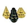 Traditional party hats with a gold or black background that comes with confetti accents and the words "Happy New Year".