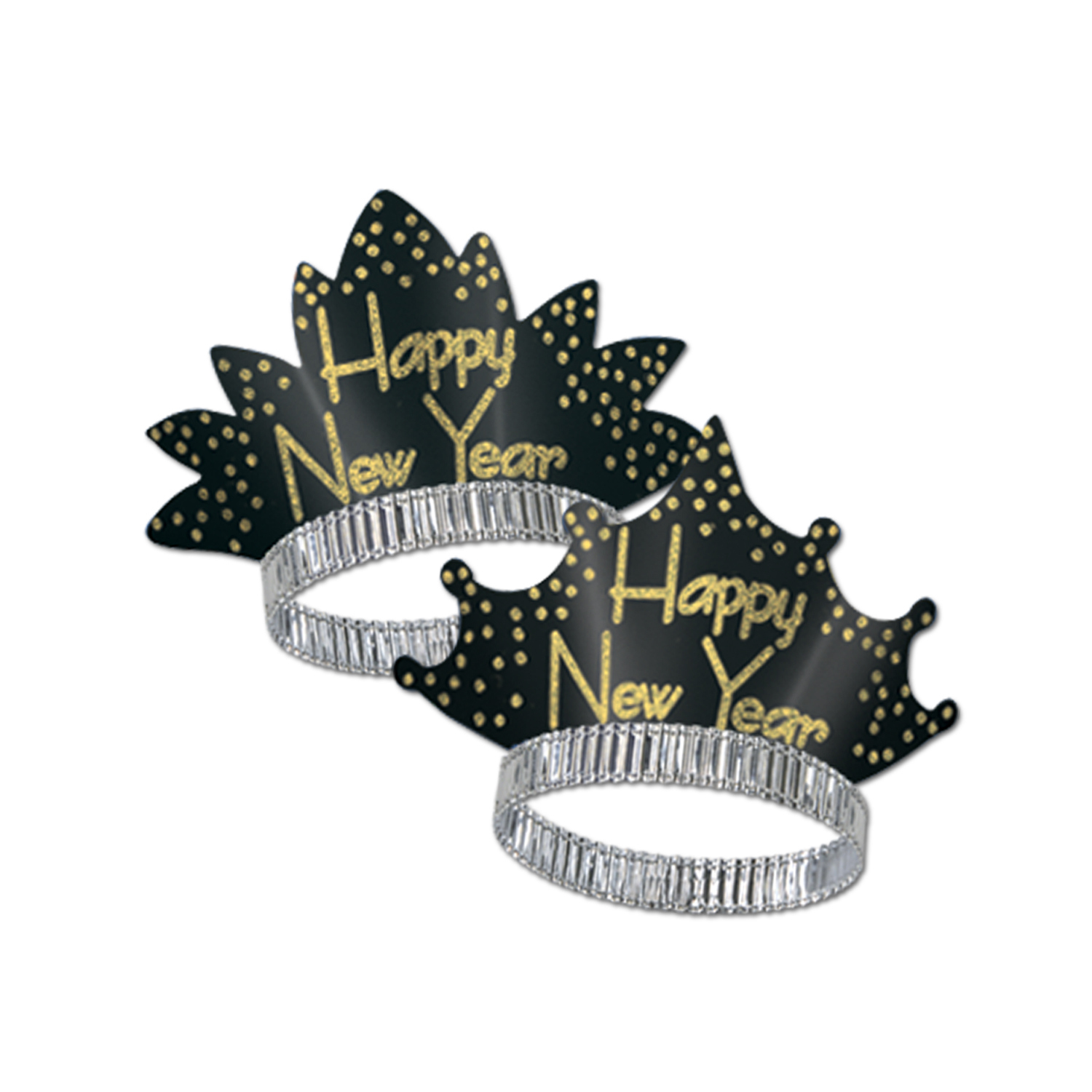 Black back ground tiara with gold confetti accents around the edges and the words "Happy New Year".