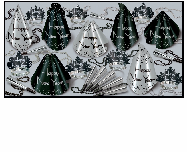 new years eve party favors in a kit of party hats, new year tiaras, horns, and beads