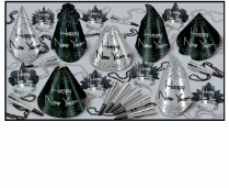new year's eve party favors in a kit of party hats, new year tiaras, horns, and beads