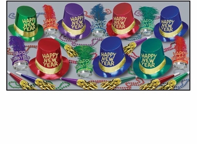 assorted color new year's eve party kit with gold accents that shows hats, tiaras, horns, and beads