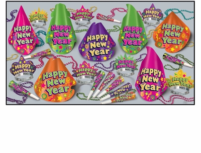 bright colored party supplies for new year's eve in a kit that has hats, tiaras, horns, and beads