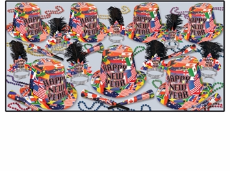international themed new years eve party kit with flags of other countries on the hats and tiaras