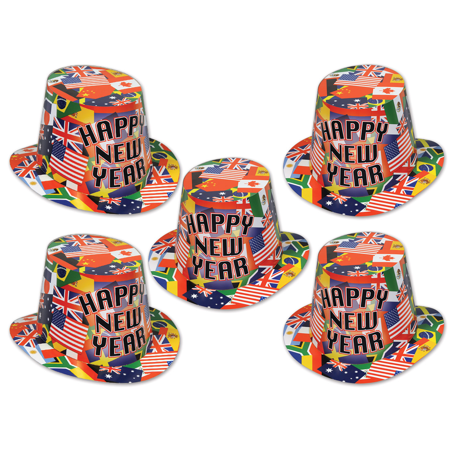 Hi-Hat printed with international flags and the words "Happy New Year".