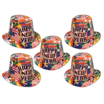 Hi-Hat printed with international flags and the words "Happy New Year".
