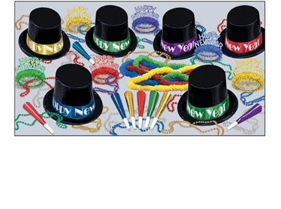 traditional assorted colored new year's eve party kit with hats, noisemakers, tiaras, and beads