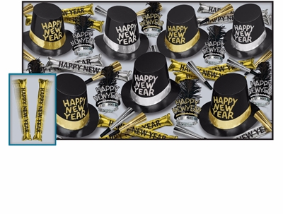 black and gold new year's eve party kit with thunder sticks, top hats, and tiaras