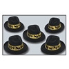Black plastic fedora with velour coating and a gold band that reads "Happy New Year" in black.