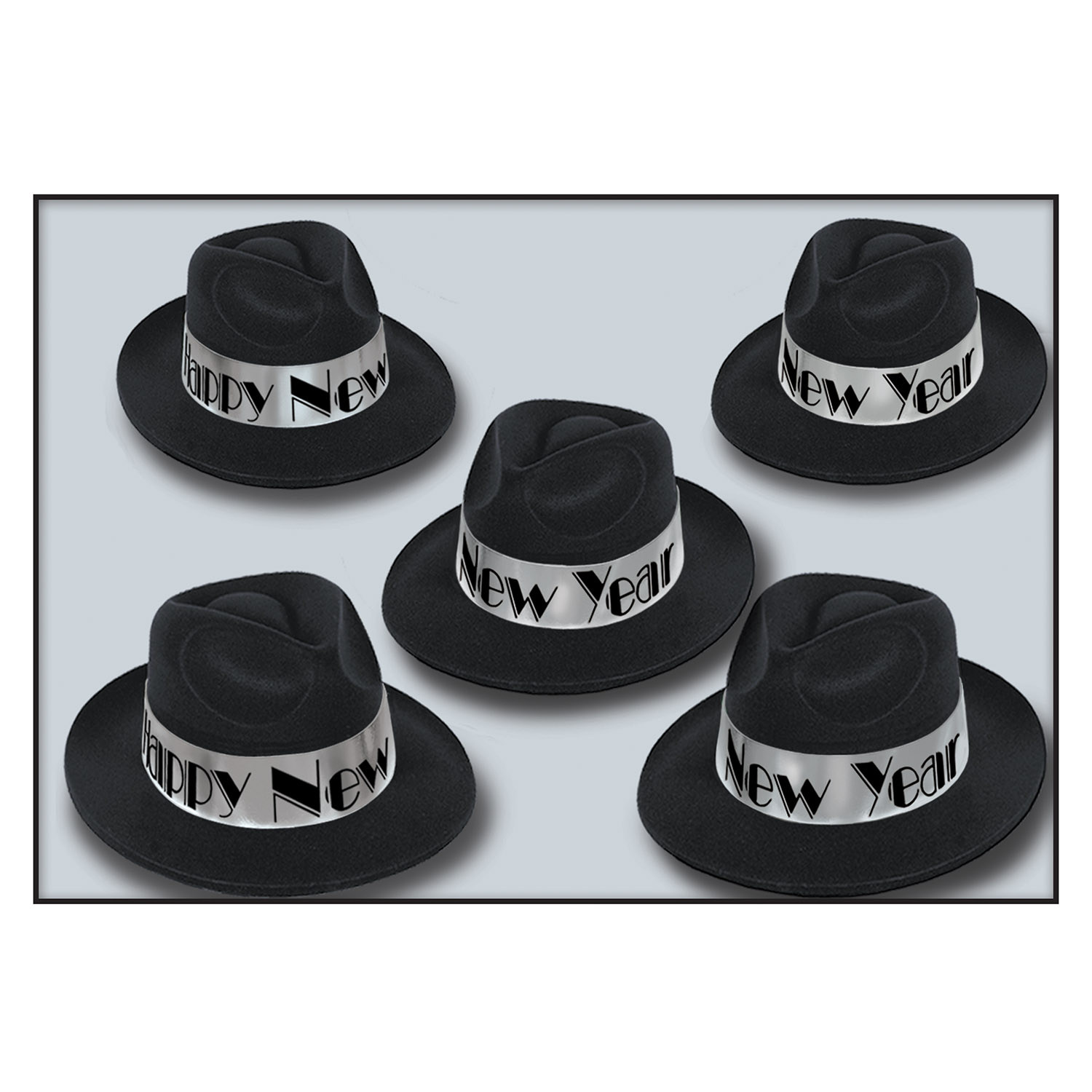 Black plastic molded fedora with velour coating and a silver band with black words that read "Happy New Year".