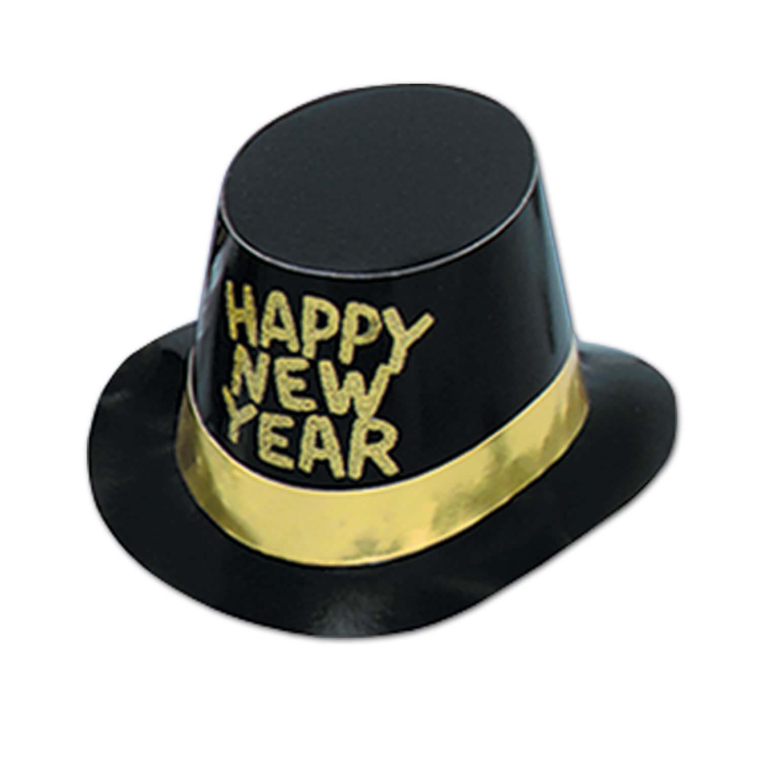 Black hi-hat with a gold band and gold glitter words that read "Happy New Year".