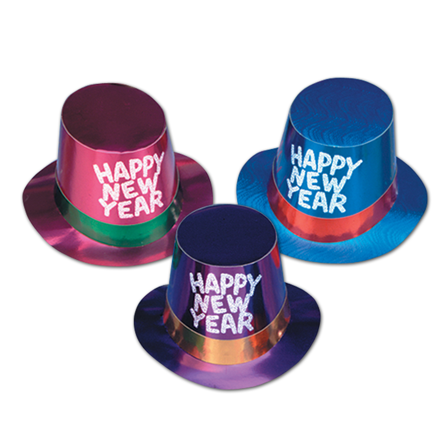 Mulit-colored foil hi-hats made out of a cardstock materail and printed with white happy new year lettering. 