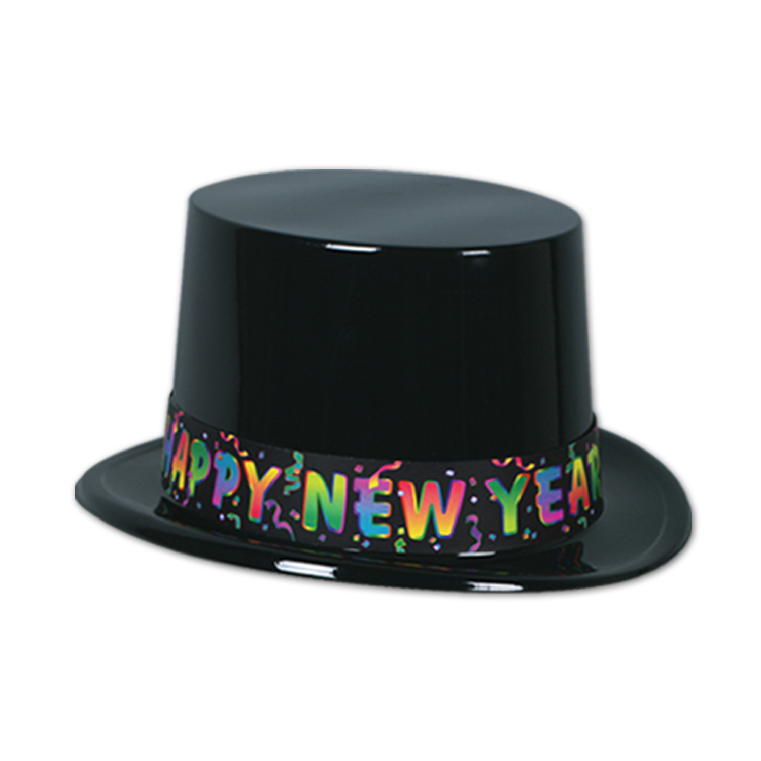 Black plastic topper with a band filled with vibrant confetti and words that reads "Happy New Year".