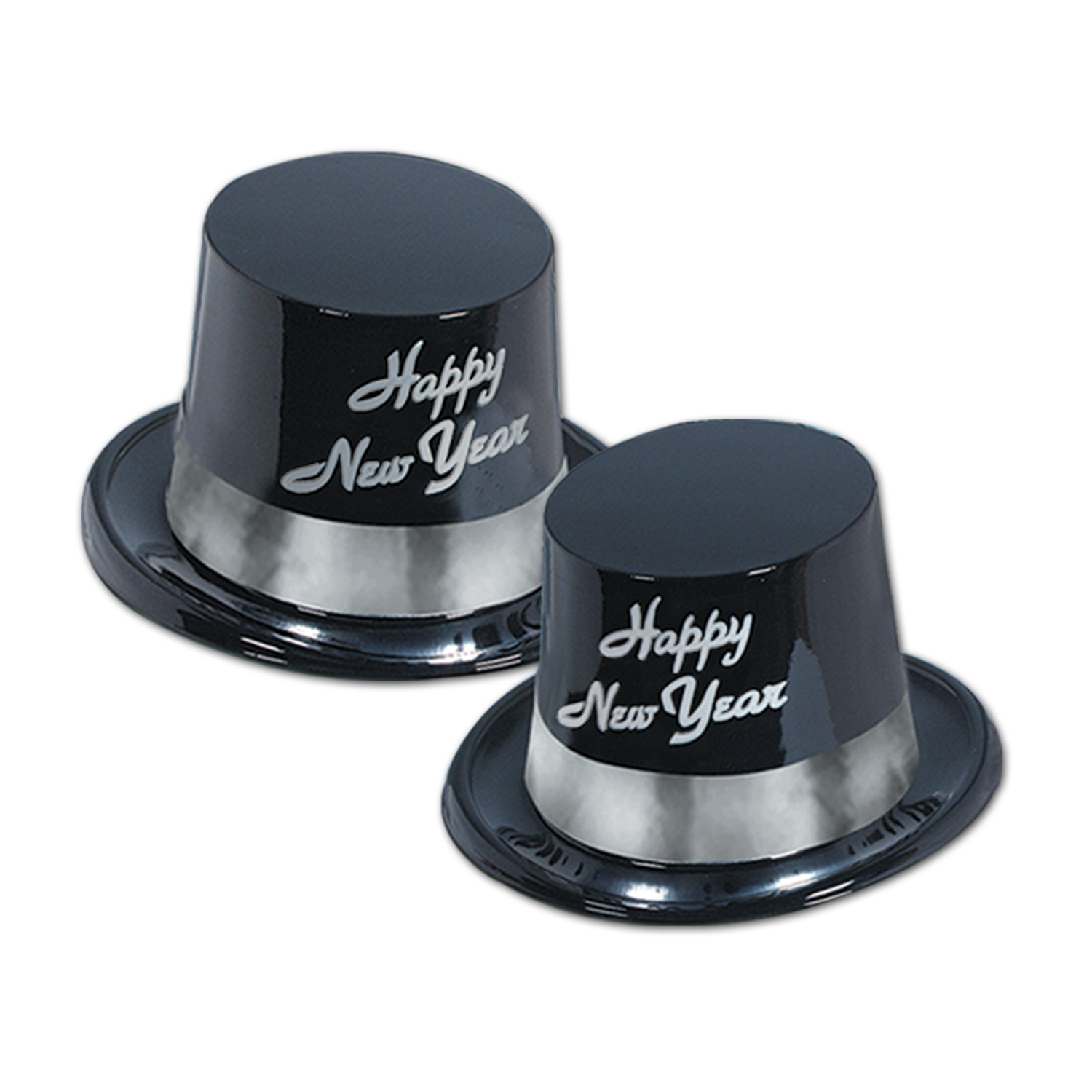 Black topper with silver band and the words "Happy New Year" printed in silver on the front.