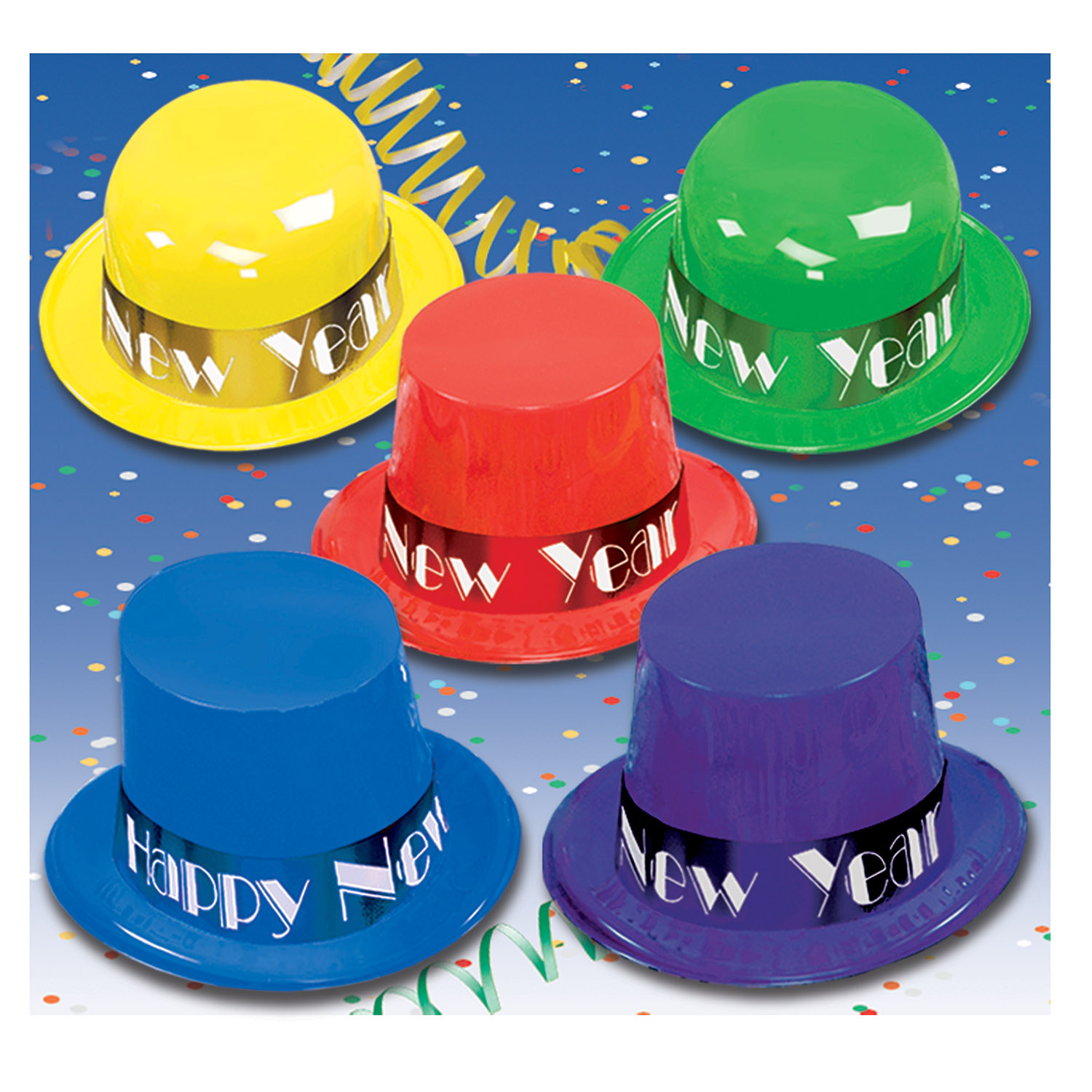 Plastic toppers and derbies in colors of blue, green, purple , red and yellow with bands that reads "Happy New Year" in white.