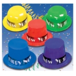 Plastic toppers and derbies in colors of blue, green, purple , red and yellow with bands that reads "Happy New Year" in white.