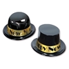 Plastic black toppers and derbies with a gold band that reads "Happy New Year" in black.