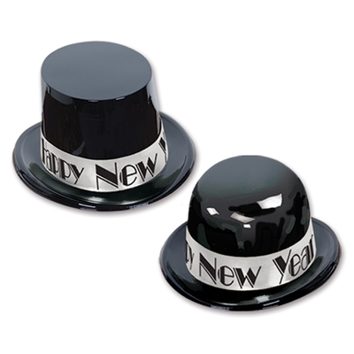 Plastic black toppers and derbies with a silver band and words of "Happy New Year" printed in black.