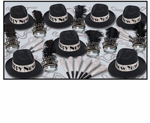NYE Party kit for 50 with black fedoras with prismatic bands, feathered tiaras, hons, and beads