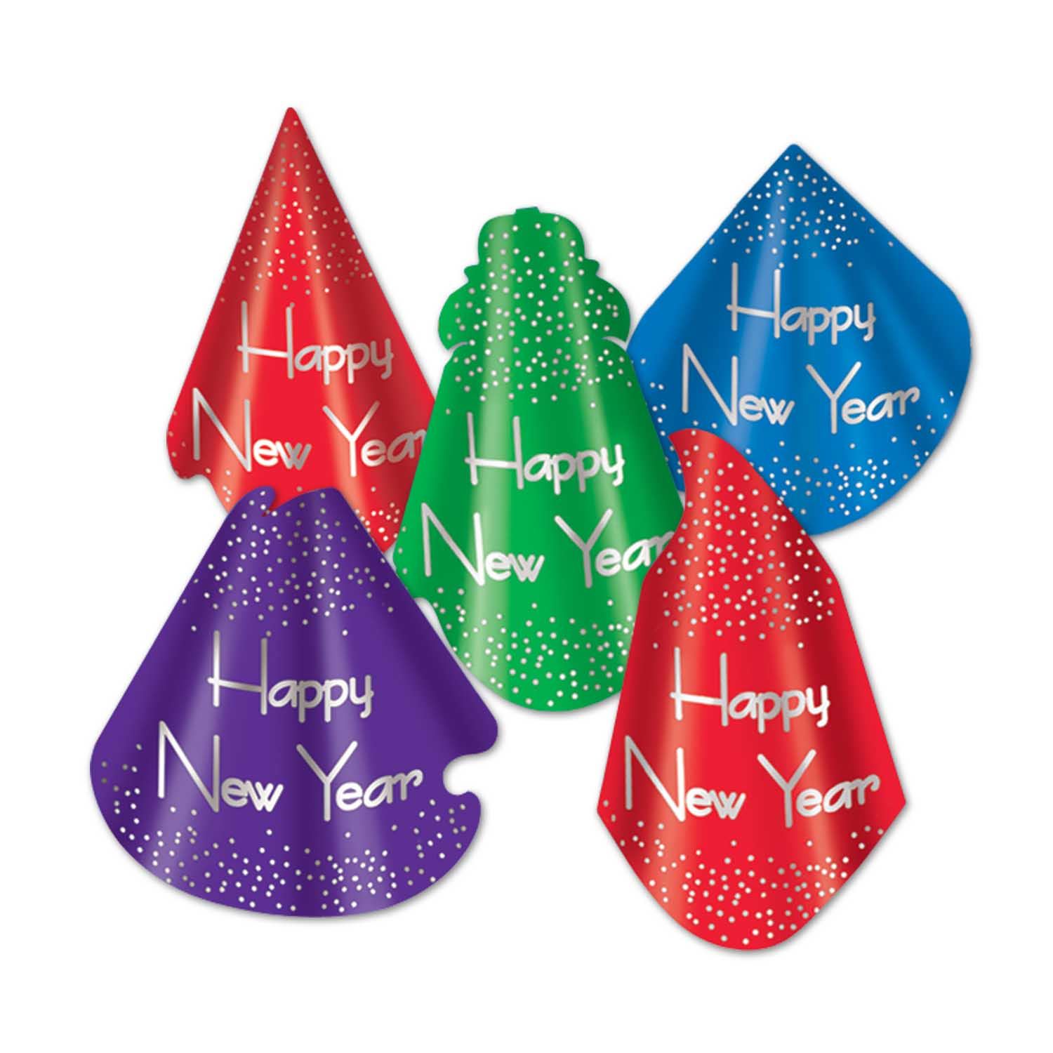 Traditional party hats in various colors that reads "Happy New Year" and includes confetti accents.