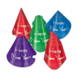 Traditional party hats in various colors that reads "Happy New Year" and includes confetti accents.