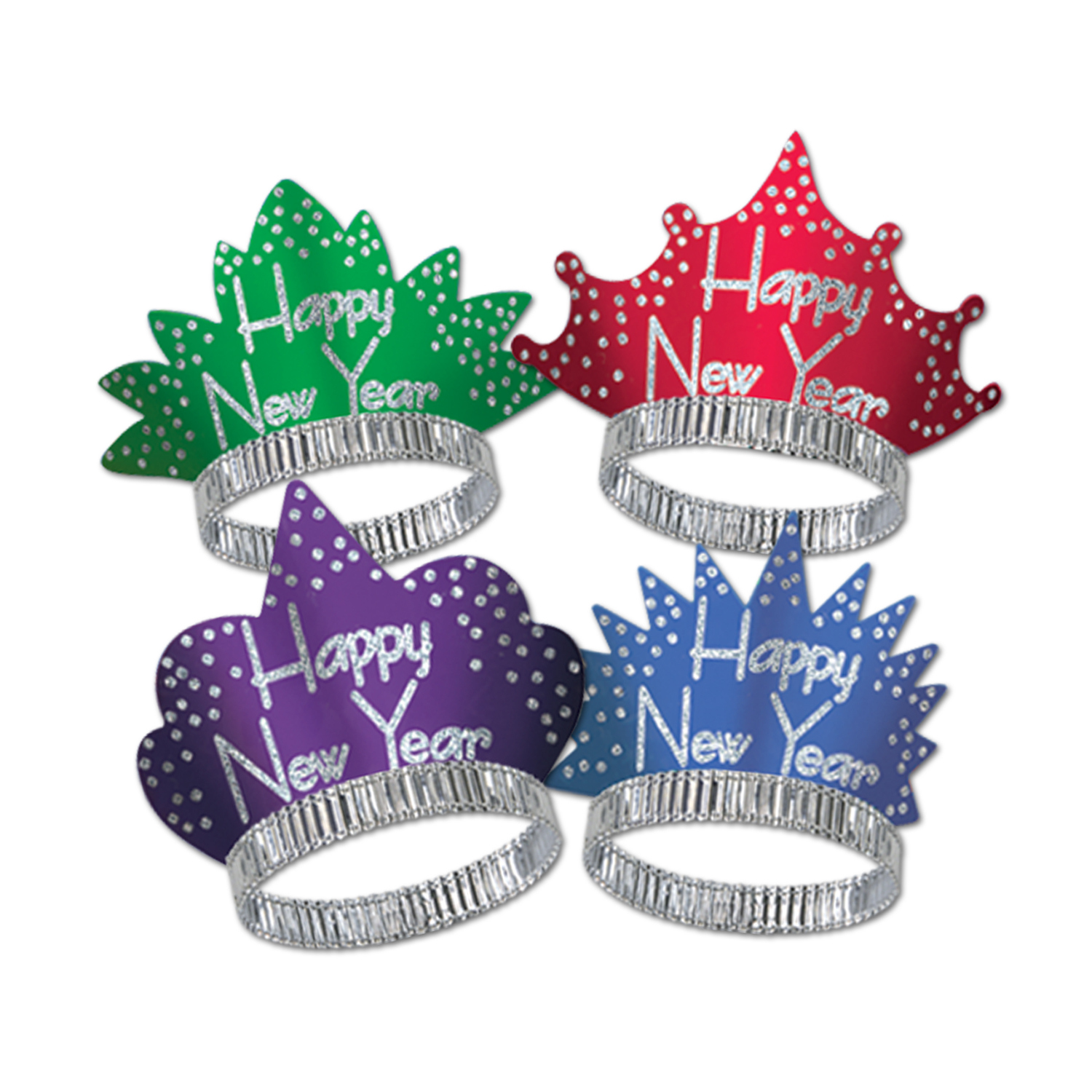 Four different shaped tiaras in different colors with silver confetti and words of "Happy New Year".