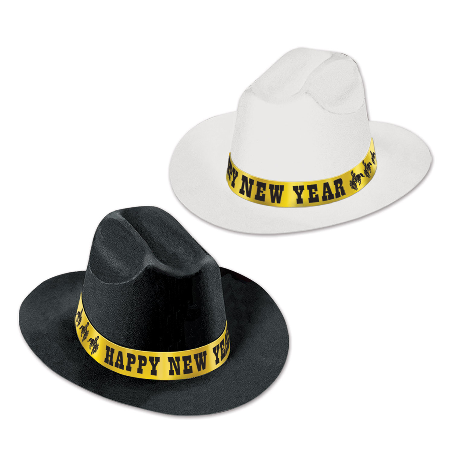Black and white cowboy party hats with a gold happy new year band