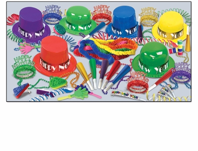multi-color NYE party kit with a mix of top hats, derby hats, leis, beads, and noisemakers