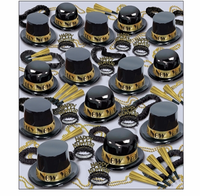 black and gold nye party kit that show a lot of plastic party hats, tiaras, horns, leis, and beads