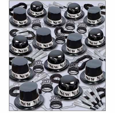 black and silver top hats, tiaras, noisemakers, and wearables all in one party kit