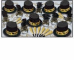 black and gold new year's eve party kits with top hats and tiaras with black feathers