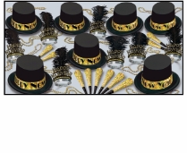 black and gold new year's eve party kits with top hats and tiaras with black feathers