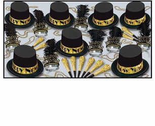 black and gold new years eve party kits with top hats and tiaras with black feathers