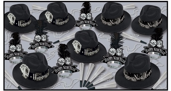 black and silver nye party kit with playing cards on the fedora hats and dice on the nye tiaras