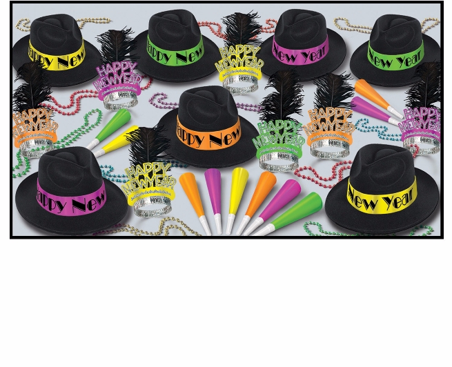 Neon Happy New Year party kit with fedoras, feathered tiaras, neon horns, and party beads