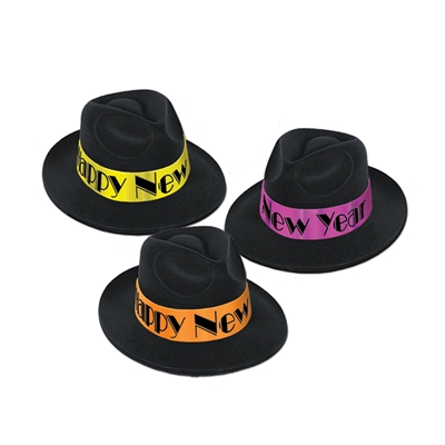 Black fedora with velour coating and neon orange, purple and yellow bands.