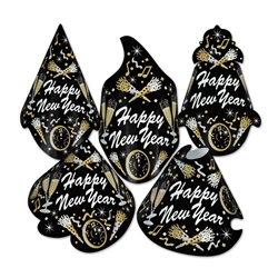 new year party hats in black gold and silver that have champagne glasses and horns printed on them