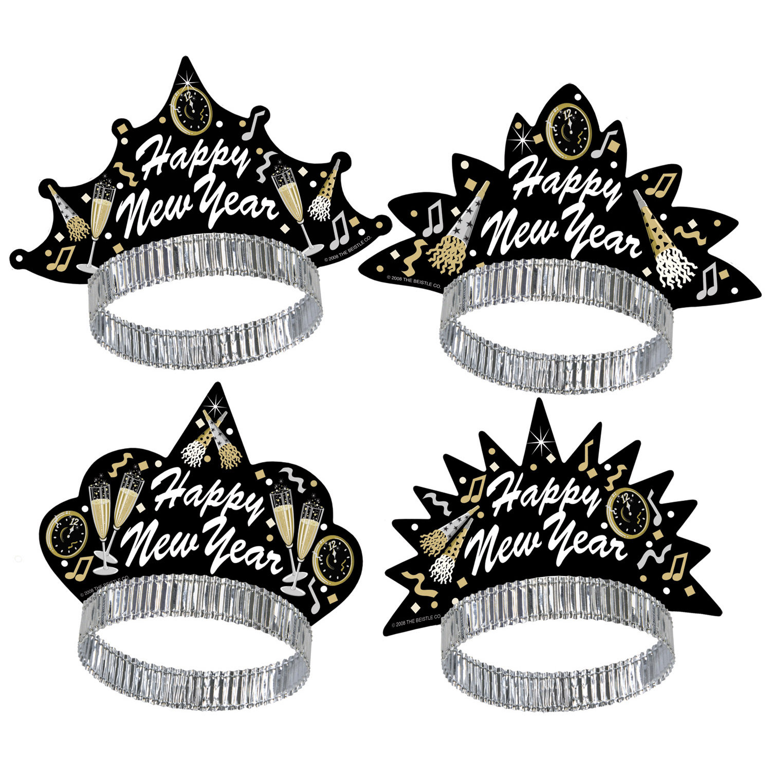new years eve tiaras with champagne glasses, clocks, and horns printed on them