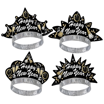 new year's eve tiaras with champagne glasses, clocks, and horns printed on them