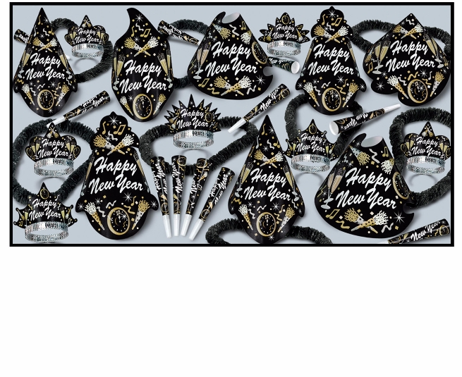 black, gold, and silver new years eve party assortment with horns, tiaras, hats, and leis
