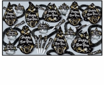 black, gold, and silver new year's eve party assortment with horns, tiaras, hats, and leis