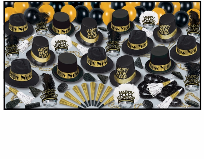 large assortment of new years eve party supplies that includes black and gold party hats, balloons, tiaras, horns, and noisemakers