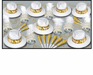 white and gold nye party kit with fedora hats and feathered tiaras