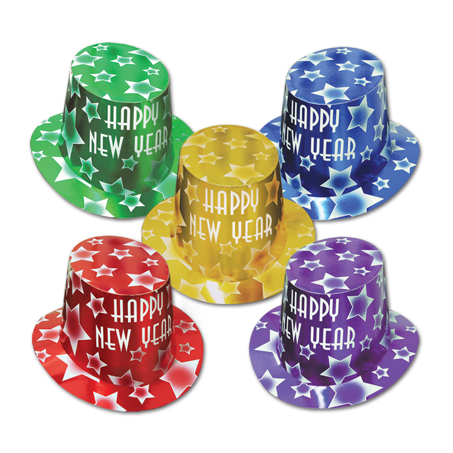 Cardstock hi-hats in red, green, yellow, blue and purple with white happy new year lettering and stars. 