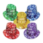 Cardstock hi-hats in red, green, yellow, blue and purple with white happy new year lettering and stars. 