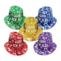 Cardstock hi-hats in red, green, yellow, blue and purple with white happy new year lettering and stars. 