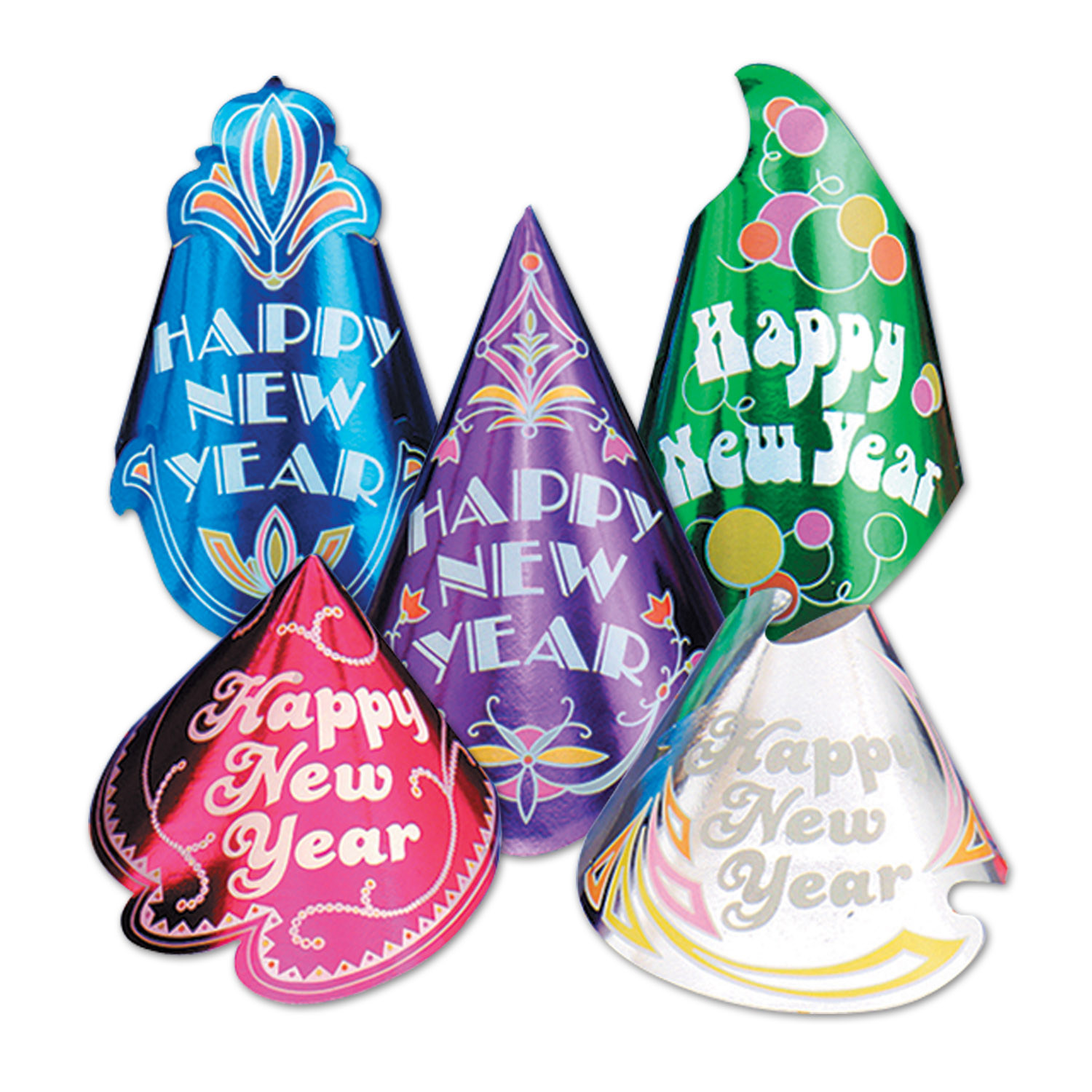 party hats for New Years Eve in bright colors and assorted designs
