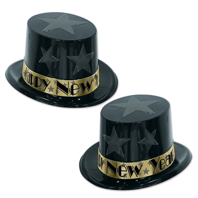 black and gold new year's eve top hats with stars popping out of the plastic and gold happy new year bands