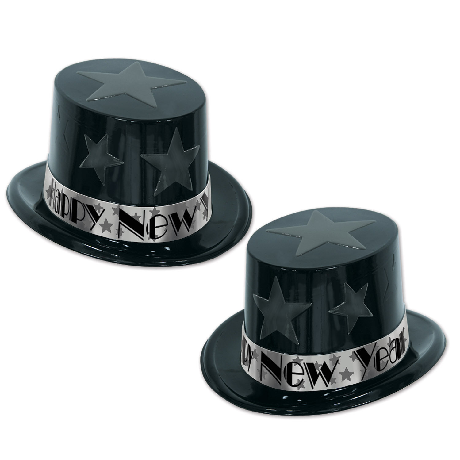 black and silver nye plastic top hats with stars in the design