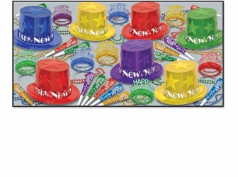 assorted colored nye party kit with 3-d stars on the hats and fringed tiaras, party horns, and beads