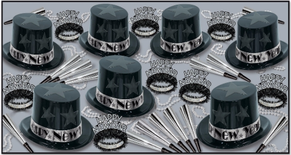 black and silver nye party kit with black & silver top hats, tiaras, horns, and beads